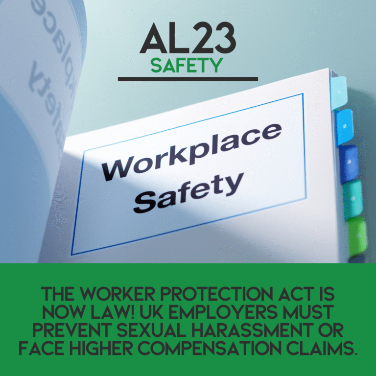 The new Worker Protection Act: A Comprehensive Guide to Ensuring Workplace Safety and Compliance The workplace environment is ever-evolving, and with the introduction of the new Worker Protection Act in the UK, the need for employers to proactively address sexual harassment has never been more critical. This piece of legislation imposes a clear duty on employers to take reasonable steps to prevent harassment, penalising those who fail to meet these expectations. In this blog, we’ll explore the implications of the Worker Protection Act in detail and provide valuable insights that health and safety practitioners need to know. Understanding the Worker Protection Act The Worker Protection Act introduction is aimed at strengthening the safety of employees. It places a legal responsibility on employers to implement effective measures that safeguard their staff against sexual harassment. Failure to do so may result in 25% increased compensation claims at tribunals, which could significantly impact the financial stability of your business. The Role of Health and Safety Practitioners As health and safety practitioners, it is crucial to lead the way in promoting a culture of safety and respect within organisations. AL23 Safety is committed to assisting businesses in understanding the specific challenges posed by this new legislation. We specialise in creating tailored solutions that address not just compliance but also foster a workplace environment that prioritises employee wellbeing. Key Strategies AL23 Safety Offers to Support Compliance 1. Comprehensive Risk Assessments To effectively prevent harassment, it’s essential to identify potential risks in your workplace. AL23 Safety conducts thorough risk assessments that evaluate your current policies and practices, identifying areas needing improvement. 2. Training Programmes We believe that education is a cornerstone of prevention. Our targeted training programmes equip your employees with the knowledge they need to identify, report, and address harassment, fostering a culture of accountability and respect. 3. Ongoing Support At AL23 Safety, we offer 24/7 access to expert support to answer any questions and address concerns as they arise. Our team is dedicated to ensuring that businesses achieve and maintain compliance with health and safety legislation. Creating a Safer Future Together The new Worker Protection Act represents a shift towards a safer workplace for all employees. By partnering with AL23 Safety, you not only ensure compliance with the law but also contribute to a respectful and supportive work environment. Let’s work together towards creating a workplace where every employee feels valued and safe. For more information on how AL23 Safety can support your business in navigating the complexities of the Worker Protection Act, be sure to visit our services page today!
