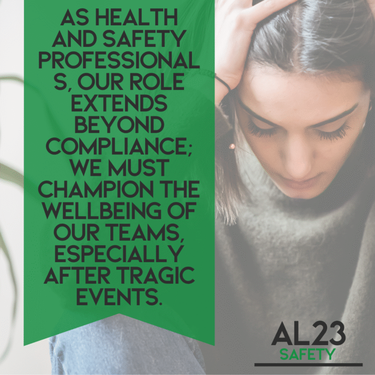 Supporting Teams After Tragic Events: A Guide for Health and Safety Professionals In the wake of tragic events, how we respond as health and safety professionals can significantly impact our workforce. Navigating these times requires a compassionate and structured approach. Here at AL23 Safety, we've outlined essential strategies that foster resilience and wellbeing within the workplace. 1. Foster Psychological Safety Promptly acknowledge events and allow space for emotional processing. Flexibility with workloads encourages openness and communication. Ensure employees know how to access mental health resources and consider group check-ins to strengthen community support. 2. Set and Maintain Healthy Boundaries Facilitate respectful discussions and address inappropriate comments or behavior. Balance genuine conversation with professionalism, reminding your team of workplace values. 3. Empower People with Purpose Action can restore agency. Share safe ways employees can support their communities and promote group initiatives that align with your organisation's values. 4. Model Calm, Respectful Dialogue Your communication sets the tone. Engage your team with curiosity and focus on shared values during difficult conversations. 5. Look After Yourself, Too You cannot pour from an empty cup. Prioritise self-care to effectively support your team through challenges. Supporting others starts with creating a culture of respect and empathy. Partner with AL23 Safety to refine your health and safety approach, ensuring compliance and promoting a nurturing workplace. Explore our services today and make a impactful change. #HealthAndSafety #WorkplaceWellbeing #Resilience #AL23Safety