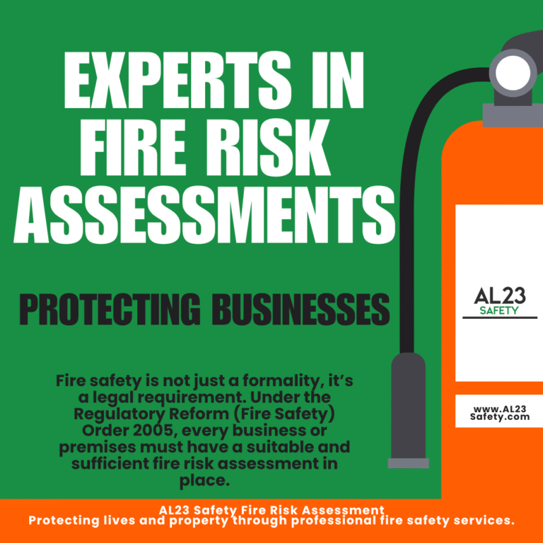Fire Risk Assessments: Your Comprehensive Guide to Compliance and Safety In today’s fast-paced business environment, ensuring the safety of your workplace is paramount. One of the critical aspects of workplace safety is conducting effective Fire Risk Assessments. These assessments serve not only as a legal obligation within the UK but as a cornerstone of a broader fire safety strategy that protects lives and property. Understanding Fire Risk Assessments Fire Risk Assessments (FRAs) are systematic evaluations that identify potential fire hazards within a workplace. They assess the likelihood of fire incidents occurring and the potential consequences should a fire break out. This process involves examining all aspects of the workplace, including equipment, materials, fire safety measures in place, and the workforce. Why They are Essential 1. Legal Compliance: Under the Regulatory Reform (Fire Safety) Order 2005, all non-domestic premises are required to have a comprehensive fire risk assessment. Failing to comply can result in significant penalties and jeopardise the safety of employees and customers. 2. Employee Safety: A thorough fire risk assessment not only identifies risks but also leads to the implementation of protective measures, reducing the likelihood of fire-related injuries and fatalities. 3. Business Continuity: Effective fire safety measures can significantly mitigate damages and keep businesses operational even after an incident, safeguarding investments and reputations. The Fire Risk Assessment Process At AL23 Safety, we follow a robust process for conducting fire risk assessments: 1. Initial Consultation: Understanding the specific needs and operations of your business allows us to tailor the assessment effectively. 2. Site Evaluation: Our consultants conduct a thorough site inspection, looking for hazards and assessing the efficacy of existing fire safety measures. 3. Risk Evaluation: We evaluate the identified risks, determining their potential impact and likelihood of occurrence. 4. Recommendations: Based on our findings, we provide actionable recommendations, prioritising those that need immediate attention. 5. Reporting: A detailed report is generated, outlining all findings, recommendations, and an action plan for implementation. 6. Ongoing Support: Fire safety is not a one-off task. We provide continuous support to ensure your business remains compliant and practices remain effective. Tailoring to Your Business Every organisation is unique, with its own specific risks and requirements. AL23 Safety believes in creating bespoke solutions. We work closely with businesses in various sectors—from retail to manufacturing—to develop tailored fire strategies that align with their operational needs and legal obligations. Invest in Safety Investing in a Fire Risk Assessment with AL23 Safety not only secures compliance but fundamentally protects lives and property. Don’t leave safety to chance. Contact us today to discuss how we can support your business in achieving the highest standards in fire safety. Contact us now to learn more about our services!