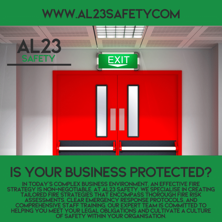 Developing an Effective Fire Strategy: A Comprehensive Guide Every business must have a robust fire strategy to safeguard employees and comply with UK fire safety legislation. This guide explores the essential components of a successful fire strategy, including detailed fire risk assessments, emergency response plans, and employee training. Understanding the Legal Framework Under the Regulatory Reform (Fire Safety) Order 2005, it is a legal requirement for businesses to have a fire risk assessment in place. This assessment helps identify fire hazards and individuals at risk, leading to the implementation of necessary preventive measures. Tailoring Your Fire Risk Assessment The first step in creating a fire strategy is conducting a detailed fire risk assessment. This involves identifying potential sources of fire, evaluating existing fire safety measures, and pinpointing specific risks unique to your business. AL23 Safety’s experienced consultants work closely with you to create a tailored assessment that meets the specific needs of your organisation. Developing Emergency Procedures Once the risk assessment is completed, the next stage is establishing clear emergency procedures. Your fire strategy should outline the necessary steps for evacuation, including designated escape routes, assembly points, and roles for staff during an emergency. Regular drills and training sessions are vital to ensure employees are prepared and know their responsibilities. Implementing Regular Training Training is a critical component of any fire strategy. At AL23 Safety, we offer comprehensive training solutions to ensure your staff are fully aware of fire safety protocols and emergency procedures. Regular training sessions not only help to raise awareness but also foster a culture of safety within the workplace. Ongoing Support and Review A fire strategy is not a one-off document; it requires ongoing reviews and updates as your business evolves. AL23 Safety provides continuous support to ensure your strategy remains effective and compliant with any changes in legislation or operational adjustments. Regular reviews and updates guarantee that all procedures remain relevant and that the risks are always managed effectively. Conclusion Creating an effective fire strategy is crucial for every business in the UK. Companies must understand their legal responsibilities and implement tailored solutions to enhance safety. At AL23 Safety, we’re dedicated to helping you navigate the complexities of fire safety legislation and ensure the safety of your workforce. Let’s build a robust fire strategy tailored to your business needs.