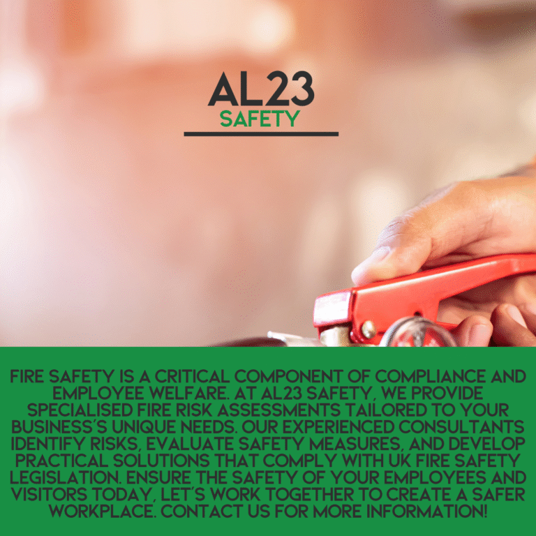 Creating a Fire Safe Workplace: The Importance of Fire Risk Assessments In today’s corporate environment, workplace safety extends beyond personal safety to include fire safety, particularly due to the ever-present risk of fire hazards in various industries. A Fire Risk Assessment is a crucial step every organisation must take to protect their employees, visitors, and property. Understanding Fire Risk Assessments A Fire Risk Assessment involves identifying potential fire hazards, assessing the risks associated with these hazards, and implementing appropriate measures to mitigate them. According to the Regulatory Reform (Fire Safety) Order 2005, conducting such assessments is not only a best practice but a legal requirement for most businesses in the UK. Key Components of a Fire Risk Assessment Your Fire Risk Assessment should include several vital elements: 1. Identification of Fire Hazards: This involves spotting potential sources of ignition, fuel, and oxygen that could contribute to a fire. 2. Evaluating People at Risk: Understanding who may be at risk, including employees, visitors, and contractors, is essential for effective fire safety management. 3. Evaluating Existing Fire Safety Measures: Assessing the adequacy of current fire safety measures helps in determining where improvements are needed. 4. Recording Your Findings: Keeping a written record of your findings, and the actions taken, is a legal requirement and serves as documentation for compliance. 5. Review and Revise: Regularly reviewing your Fire Risk Assessment ensures that it remains valid, particularly if there are significant changes in your workplace or processes. Developing a Fire Strategy AL23 Safety goes beyond conducting assessments. We look towards creating a comprehensive fire strategy tailored to your organisation. This may include training programmes for staff, emergency procedures, and regular fire drills, ensuring your workplace is not only compliant but culture-driven in its approach to fire safety. Real-World Impact of Effective Fire Risk Assessments Consider a recent case where AL23 Safety assisted a manufacturing company in enhancing its fire safety measures. After conducting a thorough Fire Risk Assessment, we identified several high-risk areas and recommended specific actions. The implementation of these recommendations not only ensured compliance but significantly reduced the risk of fire incidents and increased employee confidence in workplace safety. Conclusion Investing time and resources into a Fire Risk Assessment and strategy development is not merely a regulatory obligation; it’s a commitment to fostering a safe and compliant workplace for everyone. Partnering with AL23 Safety ensures that your business is well-protected against fire risks.