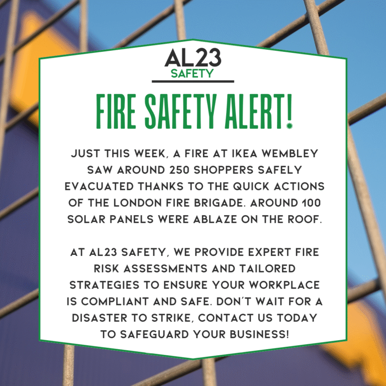 In light of the recent fire incident at Ikea Wembley, where timely action by the London Fire Brigade safely evacuated 250 shoppers, it’s essential for businesses to prioritise robust fire safety measures. This unfortunate event involved a fire on the roof, ignited by solar panels, and serves as a critical lesson in fire risk management. Every business, large or small, must ensure that they comply with relevant fire safety legislation and have effective fire risk assessments, evacuation plans, and strategies in place. Understanding fire safety legislation is crucial. The Regulatory Reform (Fire Safety) Order 2005 requires business owners to conduct a fire risk assessment and ensure all preventative and protective measures are in place. This legislation aims to mitigate the risk of fire and ensure the safety of everyone on the premises. At AL23 Safety, we understand that each business is unique, with different levels of risk and safety requirements. Therefore, we provide comprehensive fire safety consultancy services, including tailored fire risk assessments, strategy development, and ongoing support to help your business stay compliant and protected. Our experienced consultants work closely with you, identifying potential risks and developing customised solutions that suit the specific needs of your organisation. We aim to educate, train, and empower your staff, ensuring they understand their responsibilities in maintaining a safe working environment. In addition to fire risk assessments, we offer guidance on creating effective fire strategies. This includes developing and implementing fire safety management systems that meet legal obligations while fostering a culture of safety within your workplace. Don’t wait for a fire to occur before considering your workplace safety! By engaging with AL23 Safety, you can ensure you are on the right side of compliance while protecting your employees and assets. For expert support in navigating fire safety complexities, visit our services.