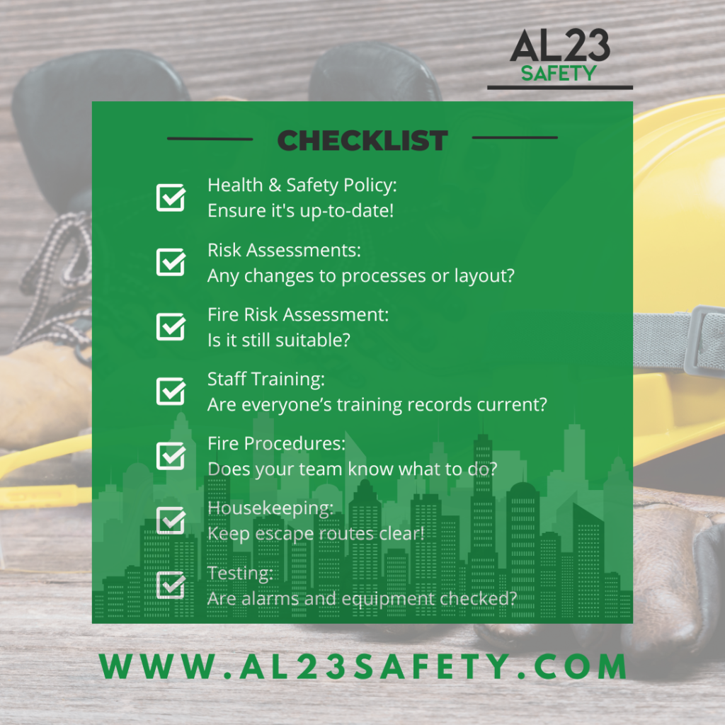 As we embark on another year, it’s essential for businesses to ensure that health and safety protocols are not just in place but are actively reviewed and improved. A proactive approach to safety can significantly mitigate risks and create a safer workplace environment for all employees. In this blog post, we will explore the essential components that every business should prioritize at the beginning of the year to ensure compliance with UK legislation and industry standards. **1. Health and Safety Policy** A current health and safety policy serves as the backbone of any organisation's commitment to employee safety. As business operations evolve, ensuring that this policy reflects the current processes is critical. Reassessment can reveal outdated practices that may no longer apply. **2. Risk Assessments** Conducting thorough risk assessments should be a priority every year. They should be regularly reviewed, especially in cases where there have been changes to processes, staffing, or workplace layout. Identifying and mitigating risks is vital for maintaining a safe working environment. **3. Fire Risk Assessment** Every workplace must have a fire risk assessment that is accurate and tailored to the specifics of the building and its use. This assessment should identify potential fire hazards, evaluate the risks, and detail the measures in place to reduce them. **4. Staff Training** Training is a cornerstone of workplace safety. Regular induction sessions, refresher training, and fire awareness training ensure all team members understand emergency procedures and safety protocols. A well-informed workforce is essential for responding effectively in emergencies. **5. Fire Procedures** Every employee should have a clear understanding of what to do in the event of a fire. Ensure that evacuation plans are not only in place but known to all staff. Regular drills can reinforce this understanding and build confidence among employees. **6. Housekeeping Standards** Maintaining clear escape routes and general housekeeping is fundamental to workplace safety. Encouraging a culture of cleanliness and order makes it easier for staff to act swiftly during emergencies. **7. Testing and Checks** Routine testing of fire alarms, emergency lighting, and safety equipment is paramount. All tests should be documented, with records available for review. This not only supports compliance but ensures equipment is functional when needed. Starting the year with these checks can help set a high standard for health and safety practices. AL23 Safety is dedicated to providing tailored support at every stage of your safety journey. If you need expert advice or assistance with any aspect of health and safety or fire safety, visit our services for more information. By prioritising these essentials, businesses can protect their employees, ensure compliance, and foster a culture of safety that resonates throughout the entire organisation.