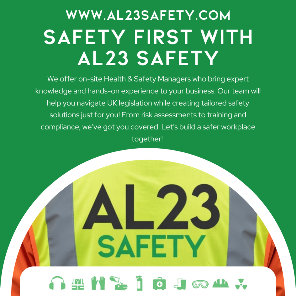 Creating a Safer Workplace with On-Site Health & Safety Management In today's business environment, ensuring the safety and wellbeing of employees is paramount. As employers, you carry the responsibility of adhering to health and safety regulations, which can often feel overwhelming. That’s why having an on-site Health and Safety Manager can be a game-changer for your organisation. At AL23 Safety, we offer bespoke on-site Health & Safety management services designed to guide your business toward compliance and a safer workplace. Understanding the Importance of On-Site Management Compliance with health and safety regulations is not just a legal requirement; it sets the foundation for a productive and positive workplace culture. With on-site Health & Safety Managers, businesses can effectively address risks and ensure ongoing compliance. These professionals bring a wealth of knowledge and experience, tailored to the specific needs of your business and industry. What AL23 Safety Offers Our on-site Health & Safety Managers conduct thorough risk assessments that identify potential hazards within your work environment. This proactive approach allows you to prevent accidents before they occur. Additionally, we help develop and implement tailored safety strategies that help your team adhere to best practices and legislation. Beyond assessments and strategies, our consultants provide essential training to empower your employees. With training sessions that cover current legislation and practical safety protocols, your team will be well-equipped to manage safety concerns proactively. AL23 Safety believes that safety is a collective effort, and our training fosters a culture of responsibility and awareness. Minimising Liability and Boosting Productivity Engaging on-site Health & Safety management is more than just compliance; it’s about minimising liability and maximising productivity. By proactively managing health and safety, businesses can reduce absenteeism and enhance staff morale, saving costs in the long run. AL23 Safety's Commitment to Your Business When you partner with AL23 Safety, you gain a dedicated ally in health and safety management. Our commitment to on-site support ensures that you have access to expert advice and solutions at every step. We understand industry nuances and provide tailored recommendations that fit your specific operational needs. Conclusion Creating a safe working environment protects your employees and your business's future. On-site Health & Safety Managers can bridge the gap between compliance and practical safety measures, fostering a culture of safety that benefits everyone. Reach out to AL23 Safety today to discover how our services can help you achieve the highest standards of health and safety within your organisation.