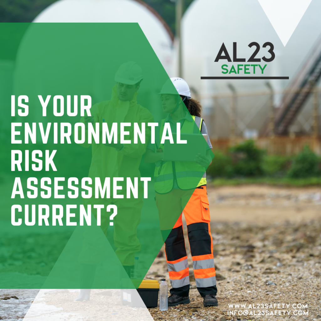 The Importance of Regular Environmental Risk Assessments: Safeguarding Your Business and the Environment In today’s rapidly changing world, businesses must navigate an increasingly complex landscape of environmental compliance and safety. One of the most critical aspects of achieving compliance is conducting thorough Environmental Risk Assessments. These assessments not only adhere to legal requirements but also protect your workplace, employees, and the wider environment. What is an Environmental Risk Assessment? An Environmental Risk Assessment is a systematic process used to identify and evaluate risks posed by environmental hazards associated with your business activities. This assessment examines factors like hazardous waste management, emissions, water usage, and ecological impact, enabling businesses to address all potential risks proactively. The Legal Requirement for Environmental Risk Assessments in the UK Under UK legislation, many businesses are legally required to conduct Environmental Risk Assessments. The Environmental Protection Act 1990, along with regulations from the Environmental Agency, mandates that businesses identify risks to the environment and take necessary steps to mitigate them. Why Regular Updates Are Necessary The landscape of environmental risks can change rapidly due to advancements in technology, changes in legislation, or shifts in operational practices. A risk assessment conducted just a year or two ago may no longer adequately reflect current risks facing your organisation. Regular updates are essential to capture these changes and ensure compliance. How AL23 Safety Can Help At AL23 Safety, we pride ourselves on our extensive expertise in Environmental Risk Assessments. Our dedicated team will work closely with you to understand your specific business needs, helping mitigate potential risks while ensuring compliance with current legislation. With 24/7 support, we stand by your side, ready to address any questions or concerns. Contact us today to learn more about how we can enhance your environmental safety and compliance measures and safeguard your business against potential risks.