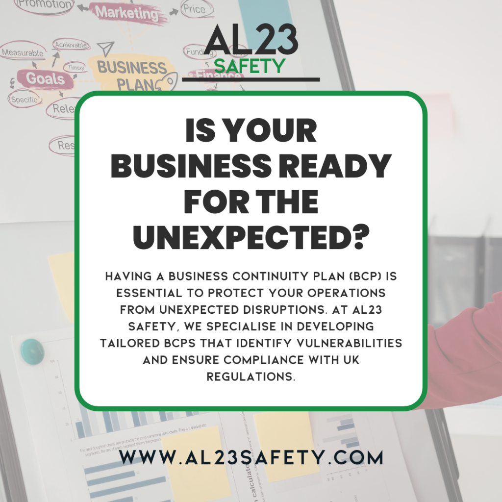 The Importance of Building a Comprehensive Business Continuity Plan with AL23 Safety In an ever-changing landscape, businesses face numerous risks that could potentially disrupt operations. From natural disasters to cyber threats, it's imperative that organisations not only identify these risks but also prepare for them. A well-structured Business Continuity Plan (BCP) acts as a safeguard, helping businesses manage unforeseen challenges effectively while ensuring compliance with relevant UK legislation. At AL23 Safety, we're committed to helping businesses build robust BCPs that cater to their specific needs. Our experienced consultants work to assess each organisation's vulnerabilities, evaluate operational requirements, and develop strategies that prioritise safety and compliance. Why is a Business Continuity Plan Essential? A BCP is essential for several reasons: 1. **Minimising Downtime:** An effective BCP enables businesses to respond swiftly to disruptions, significantly reducing downtime. 2. **Safeguarding Employees:** By prioritising safety, businesses can protect their team members during emergencies. 3. **Maintaining Customer Trust:** Efficiently managing disruptions reinforces confidence among clients and stakeholders. 4. **Legal Compliance:** Adhering to UK regulations not only protects your business from legal repercussions but also enhances your reputation as a responsible organisation. Creating Your Business Continuity Plan 1. **Risk Assessment:** AL23 Safety begins the BCP development process with a thorough risk assessment, identifying potential vulnerabilities and threats specific to your business. 2. **Strategy Development:** Our consultants will work with you to create tailored strategies that align with your unique operational needs while ensuring compliance with legislation. 3. **Testing and Training:** Implementing your BCP involves regular testing and training sessions, ensuring your team is familiar with emergency protocols. 4. **Continuous Improvement:** A BCP is not a one-time task but an ongoing process. Regular reviews and updates ensure that your plan remains relevant and effective. By partnering with AL23 Safety, you empower your business to anticipate and navigate crises effectively. Our bespoke approach guarantees that your BCP aligns with your industry’s unique challenges and complies with the current regulatory framework. Don't wait for a crisis to strike; invest in your business's future by developing a comprehensive Business Continuity Plan today. Our commitment to your safety extends beyond compliance – we're here to help you thrive.