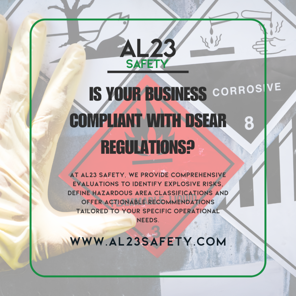 Understanding the Importance of DSEAR Assessments in the WorkplaceIn an increasingly regulation-oriented landscape, it is crucial for businesses to navigate health and safety requirements effectively. One significant area of compliance is the Dangerous Substances and Explosive Atmospheres Regulations (DSEAR). These regulations exist to ensure the safe handling and storage of flammable substances, with the primary aim of preventing potential explosions and fire hazards. This blog will delve deep into the importance of DSEAR assessments, detailing what these assessments entail, how they are conducted, and why they are critical for your business's safety framework. It's essential that businesses understand the implications of DSEAR and the procedures necessary to ensure compliance and safety.DSEAR assessments define what constitutes an explosive atmosphere, incorporating the assessment of flammable gases, vapours, mists, or dust. It’s about isolating and eliminating potential ignition sources, classifying hazardous areas, and establishing clear procedures for safe operation. Understanding the regulatory framework in the UK, derived from the EU's ATEX directives, gives businesses context on expectations. The DSEAR regulations mandate that employers identify explosive atmospheres and take measures to eliminate or control these risks. An effective DSEAR assessment goes beyond mere identification; it involves comprehensive risk management and strategic recommendations to mitigate hazards. Engaging with a competent consultant can ensure that you receive a detailed and practical approach to DSEAR compliance. At AL23 Safety, we pride ourselves on delivering thorough DSEAR assessments, providing actionable insights and tailored solutions that are easy to implement. In conclusion, the success of your business hinges on your commitment to health and safety compliance. By prioritising DSEAR assessments, you not only safeguard your employees but also protect your business from potential liabilities. Visit our services to learn how we can assist you in achieving the highest standards of safety and compliance.