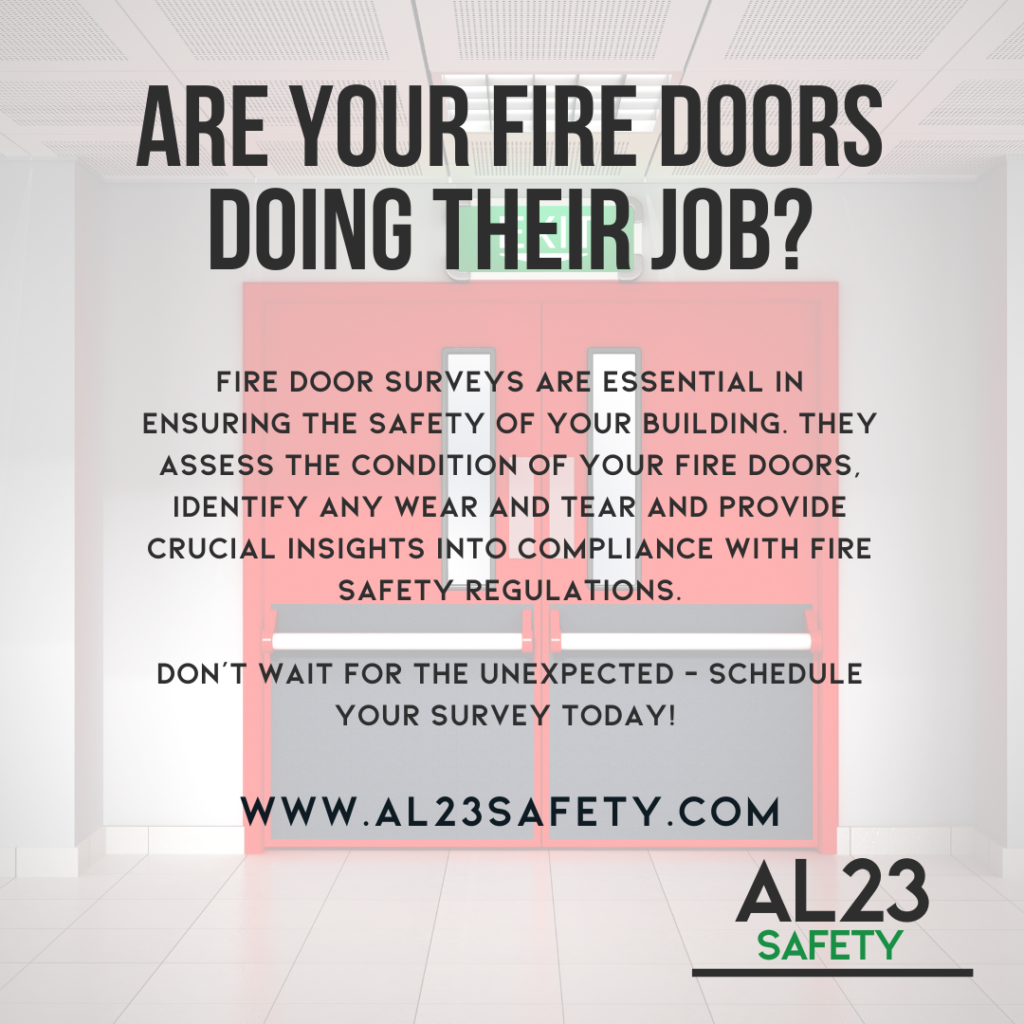 When it comes to fire safety, the importance of fire doors cannot be overstated. They act as critical barriers to smoke and flames, effectively compartmentalizing a fire and allowing occupants more time to evacuate safely. However, like any structural component, fire doors are subject to wear and tear, which necessitates regular inspection and maintenance through thorough fire door surveys. A fire door survey is an evaluation of the condition, suitability, and compliance of fire doors with existing regulations. This process includes assessing hinges, seals, frames, and more to ensure that each door functions as intended. When inadequacies are identified, timely remediation is vital to restore compliance and to maximize safety. There are several key points that underscore the necessity of fire door surveys. First, compliance with the Regulatory Reform (Fire Safety) Order 2005 in the UK mandates that all non-domestic properties must have adequate fire precautions. Fire doors are central to this requirement. Regular surveys allow property owners to ensure compliance while protecting their occupants. Moreover, surveys help to preempt potential hazards. A compromised fire door, whether due to damage or improper installation, may fail during a fire, putting lives at risk. Neglecting these inspections can lead not only to legal repercussions but to tragic consequences. In conclusion, fire door surveys are a non-negotiable aspect of fire safety management that can save lives and protect properties. Ensure your business remains compliant and safe—prioritize regular fire door surveys and maintenance with AL23 Safety.